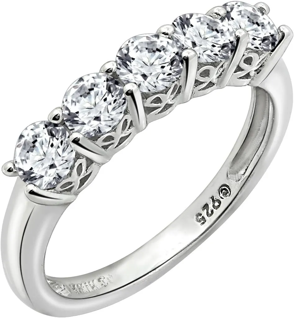 Amazon Essentials Sterling Silver Five-Stone Ring set with Round Cut Infinite Elements Cubic Zirconia (previously Amazon Collection)