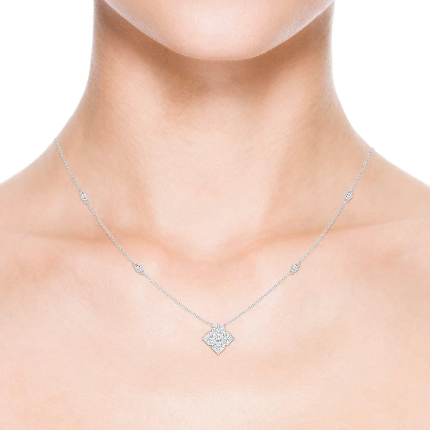 Angara Natural Round Diamond Clover Station Necklace in 14K Solid Gold/Platinum | April Birthstone, Birthday, Engagement, Anniversary, Wedding Jewelry Gift for Women