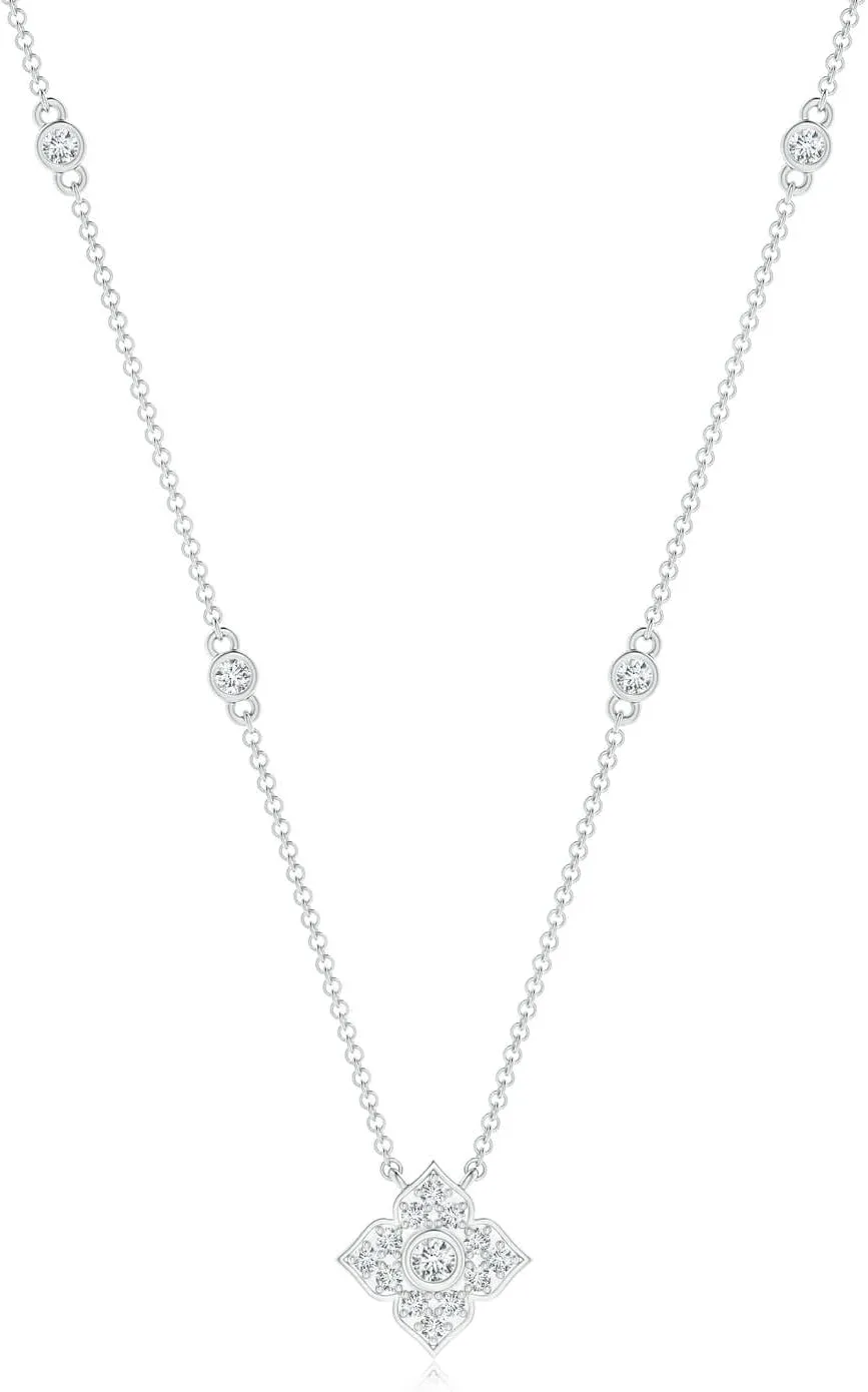 Angara Natural Round Diamond Clover Station Necklace in 14K Solid Gold/Platinum | April Birthstone, Birthday, Engagement, Anniversary, Wedding Jewelry Gift for Women