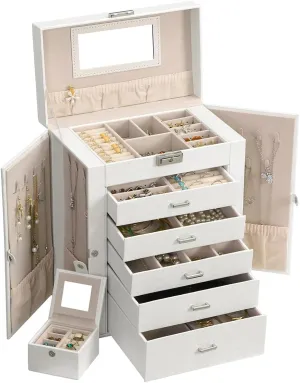 ANWBROAD Large Jewelry Box 6 Tier Jewelry Organizer Box Display Storage Case Holder with Lock Mirror Girls Jewelry Box for Earrings Rings Necklaces Bracelets Gift Faux Leather Christmas Gifts UJJB004W