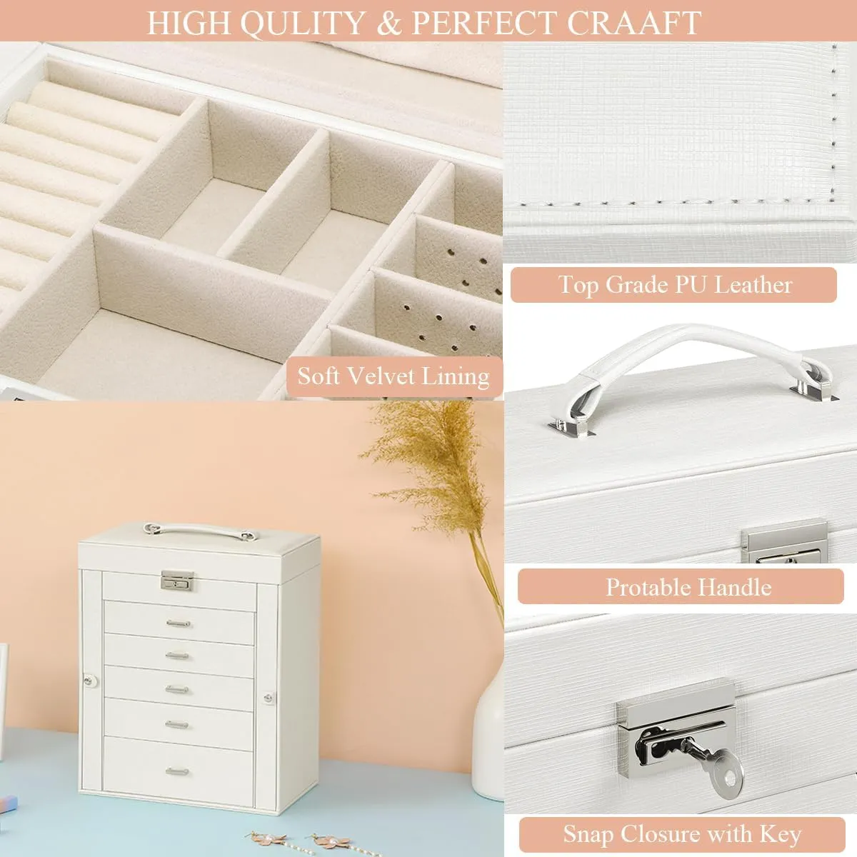 ANWBROAD Large Jewelry Box 6 Tier Jewelry Organizer Box Display Storage Case Holder with Lock Mirror Girls Jewelry Box for Earrings Rings Necklaces Bracelets Gift Faux Leather Christmas Gifts UJJB004W