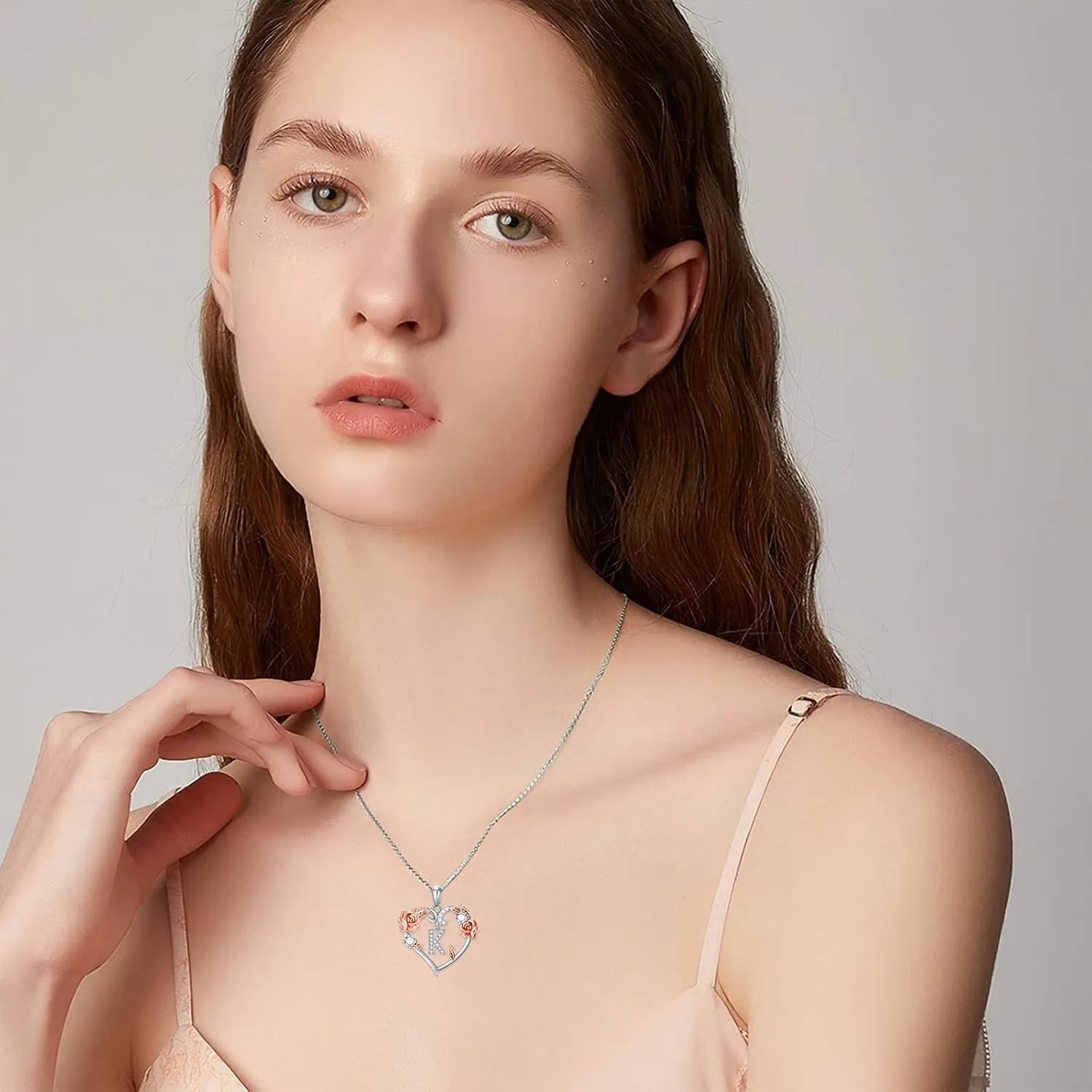 AOBOCO Rose Heart Necklaces Valentines Gifts for Women, 925 Sterling Silver Rose Love Heart Initial Letter Pendant Necklace Jewelry Mothers Day Christmas Birthday Gifts for Her Mom Wife Girlfriend