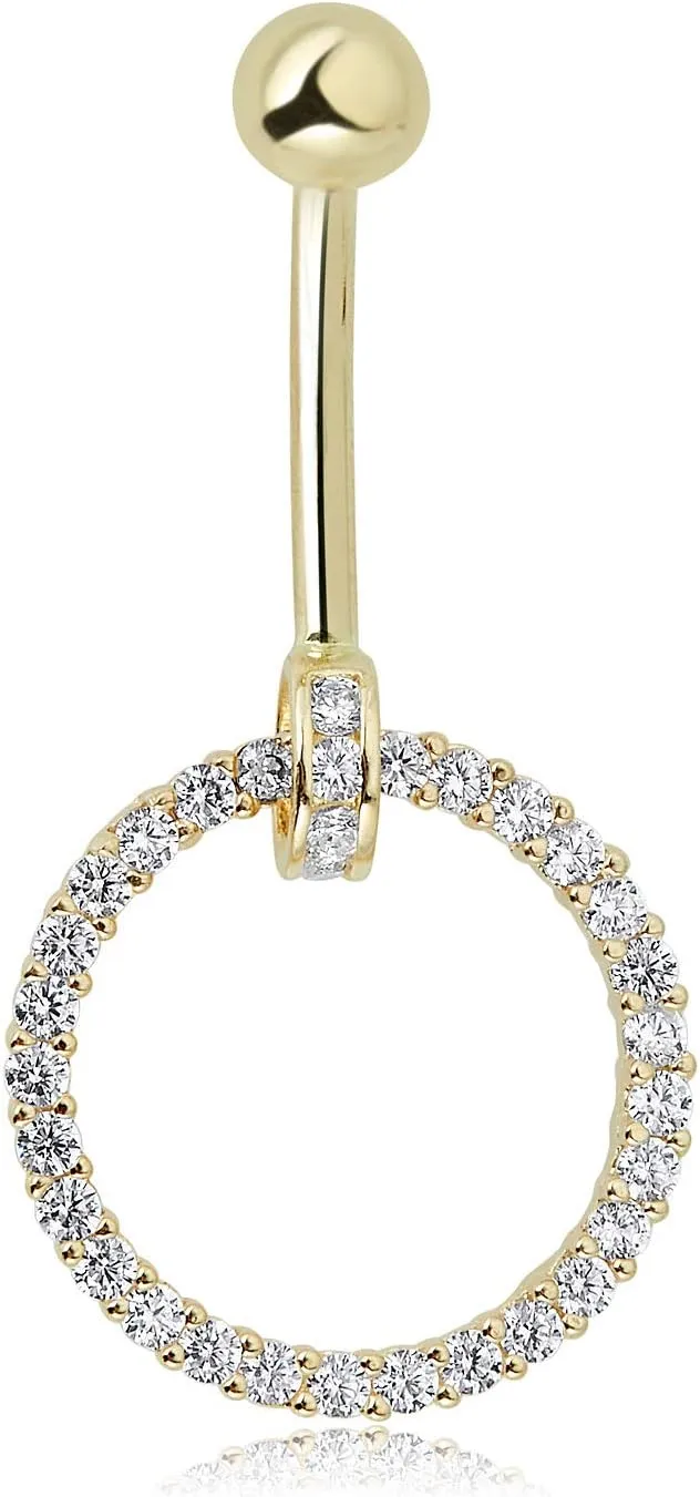 AVORA 10K Gold Simulated Diamond CZ Open-Circle Belly Button Ring Body Jewelry (14 Gauge)