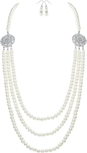 BABEYOND 1920s Gatsby Pearl Necklace Vintage Bridal Pearl Necklace Earrings Jewelry Set Multilayer Imitation Pearl Necklace with Brooch