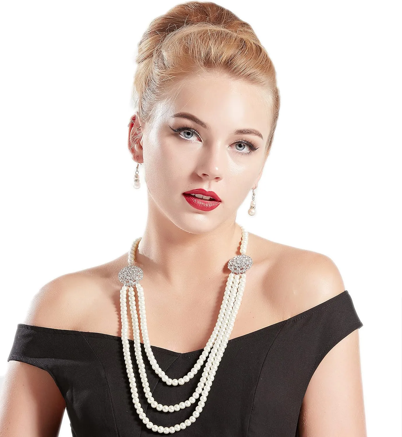 BABEYOND 1920s Gatsby Pearl Necklace Vintage Bridal Pearl Necklace Earrings Jewelry Set Multilayer Imitation Pearl Necklace with Brooch