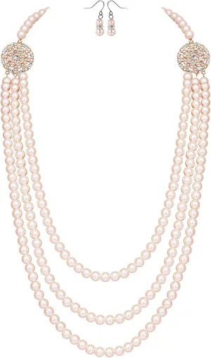 BABEYOND 1920s Gatsby Pearl Necklace Vintage Bridal Pearl Necklace Earrings Jewelry Set Multilayer Imitation Pearl Necklace with Brooch