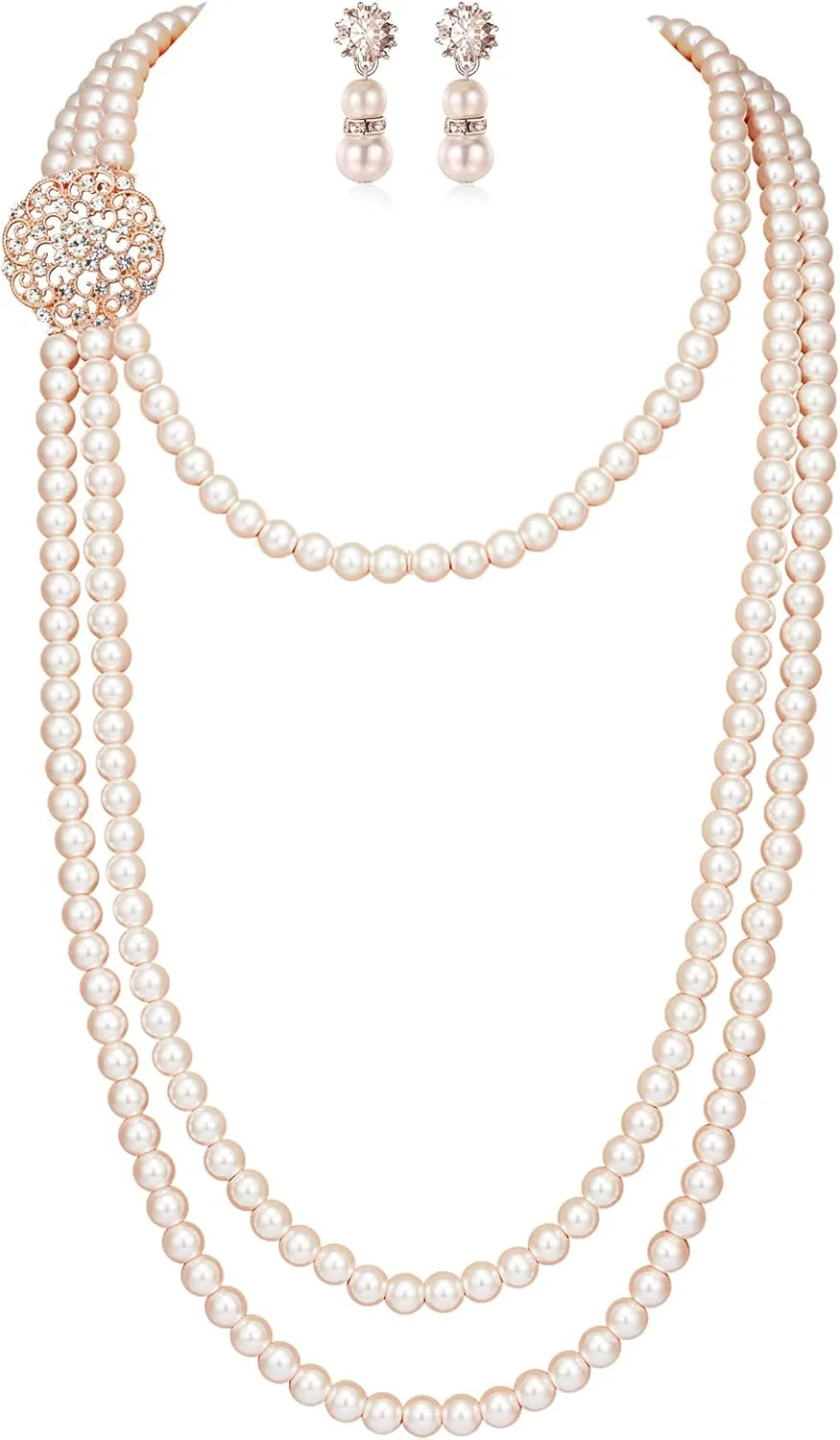BABEYOND 1920s Gatsby Pearl Necklace Vintage Bridal Pearl Necklace Earrings Jewelry Set Multilayer Imitation Pearl Necklace with Brooch