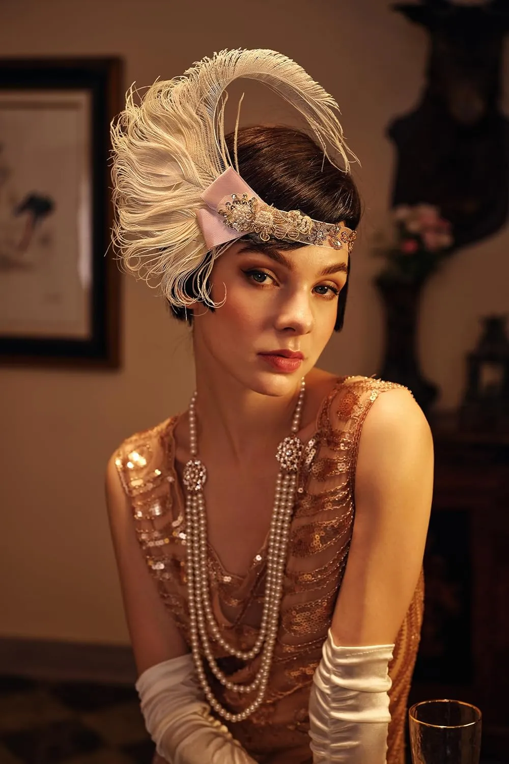 BABEYOND 1920s Gatsby Pearl Necklace Vintage Bridal Pearl Necklace Earrings Jewelry Set Multilayer Imitation Pearl Necklace with Brooch
