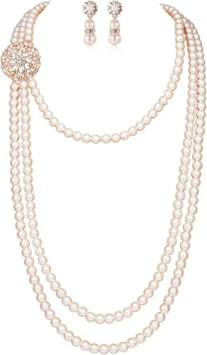BABEYOND 1920s Gatsby Pearl Necklace Vintage Bridal Pearl Necklace Earrings Jewelry Set Multilayer Imitation Pearl Necklace with Brooch