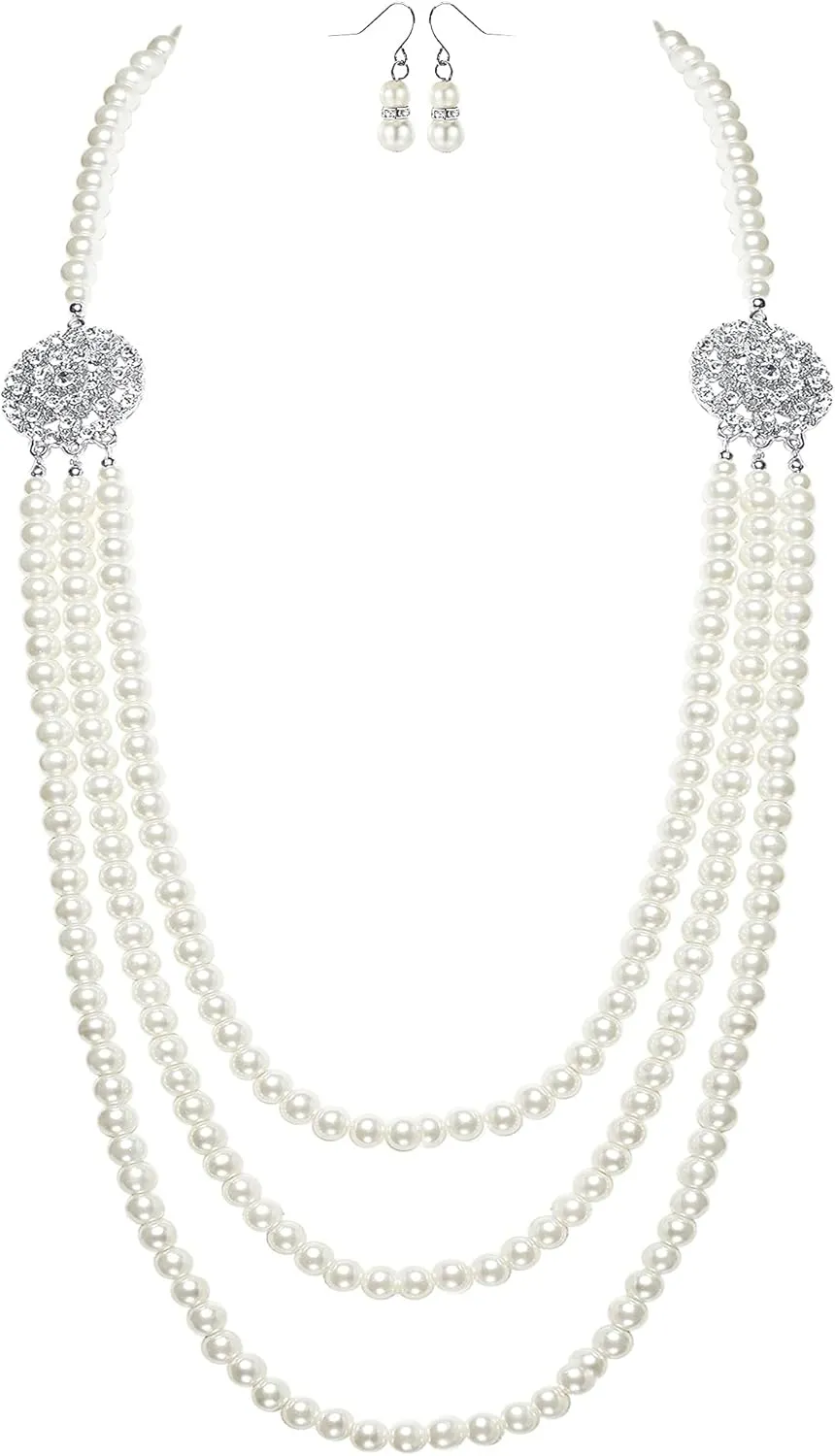BABEYOND 1920s Gatsby Pearl Necklace Vintage Bridal Pearl Necklace Earrings Jewelry Set Multilayer Imitation Pearl Necklace with Brooch