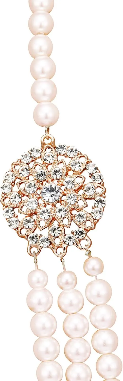 BABEYOND 1920s Gatsby Pearl Necklace Vintage Bridal Pearl Necklace Earrings Jewelry Set Multilayer Imitation Pearl Necklace with Brooch