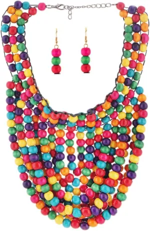 Barode Layered Statement Necklace Multicolor Bead Tassel Chunky Wood Beaded Bib Necklaces with Earings Long Multi Strand African Necklace Costume Jewelry for Women (Style 2)
