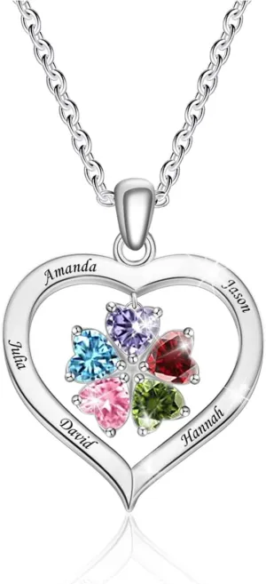 BAUMA AUTO Heart Pendant Necklace for Women Custom 1-8 Birthstones & Names Love Heart Jewelry Birthstone Necklaces for Women Mother Grandmother Mother's Day
