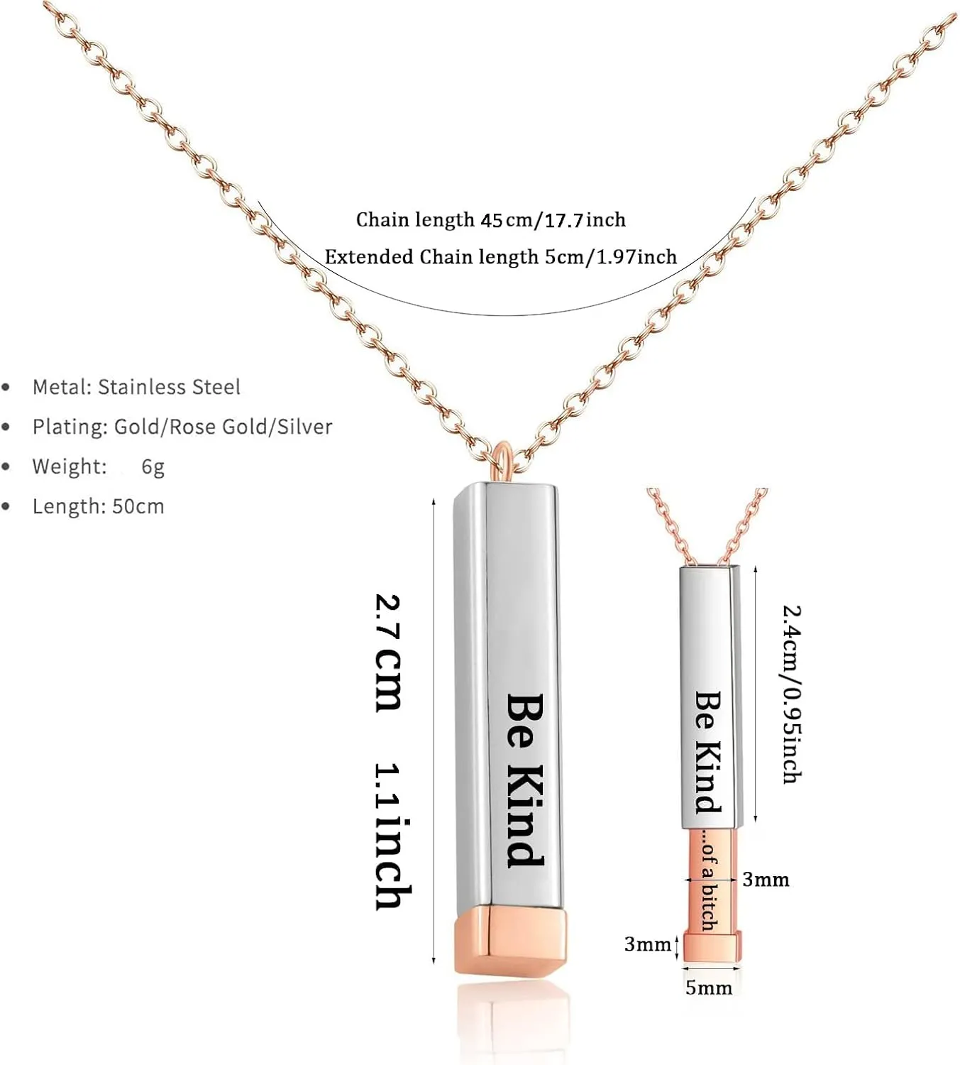 Be Kind Of A B Necklaces For Women with Hidden Message Necklace Be Kind Of A B 3D Engraving Vertical Bar Necklace Best Friend Necklace Stainless Steel Square Tubes Pendant To Best Friends Sisters
