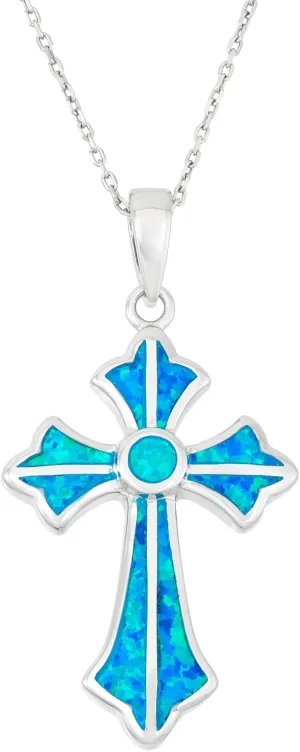 Beaux Bijoux Sterling Silver Created Opal Cross Necklace for Women | Simulated Blue Opal Cross Pendant | 18 inch Cross Necklace