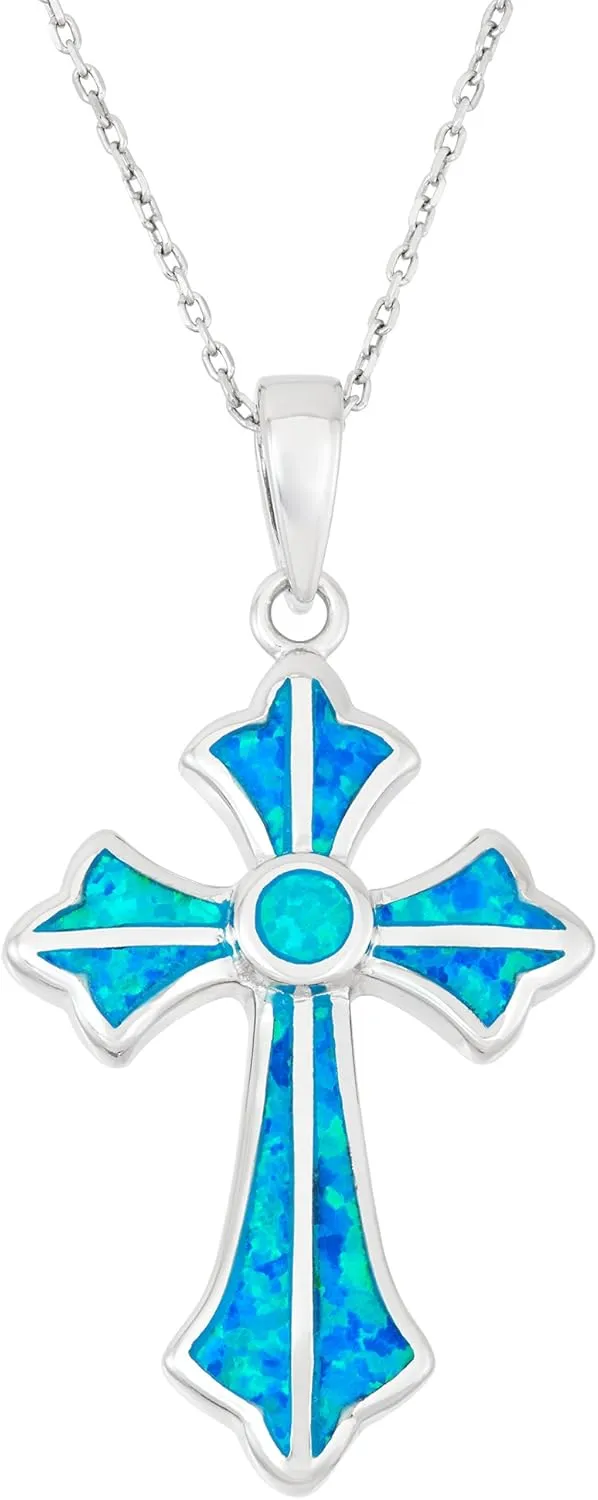 Beaux Bijoux Sterling Silver Created Opal Cross Necklace for Women | Simulated Blue Opal Cross Pendant | 18 inch Cross Necklace