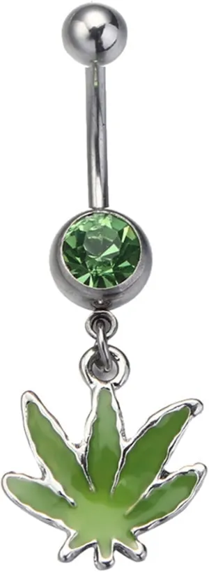 Belly Button Rings Dangle Surgical Steel, Body Piercing Rings for Womens Silver Green Leaves Shaped with Green Cubic Zirconia