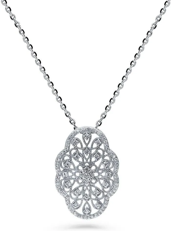 BERRICLE Sterling Silver Flower Cubic Zirconia CZ Vintage Inspired Art Deco Pendant Necklace for Women, Rhodium Plated 18 inch