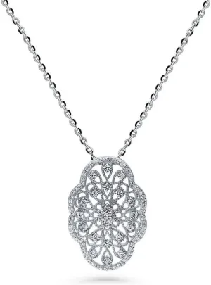 BERRICLE Sterling Silver Flower Cubic Zirconia CZ Vintage Inspired Art Deco Pendant Necklace for Women, Rhodium Plated 18 inch