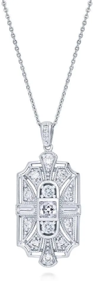 BERRICLE Sterling Silver Vintage Inspired Art Deco Cubic Zirconia CZ Milgrain Pendant Necklace for Women, Rhodium Plated 18 inch