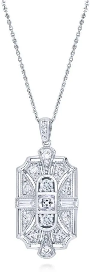 BERRICLE Sterling Silver Vintage Inspired Art Deco Cubic Zirconia CZ Milgrain Pendant Necklace for Women, Rhodium Plated 18 inch