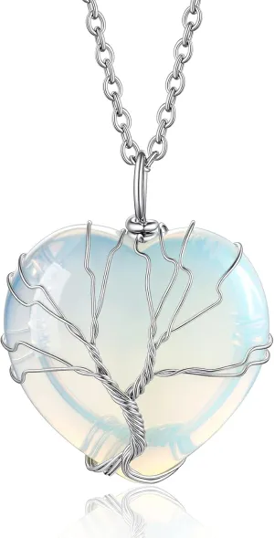 Bestyle Tree of Life Wrapped Healing Crystal Necklaces 12 Month Birthstone Pendant for Women, Crescent/Heart Gemstone Jewelry, Vintage Birthday Gifts/Energy Gift