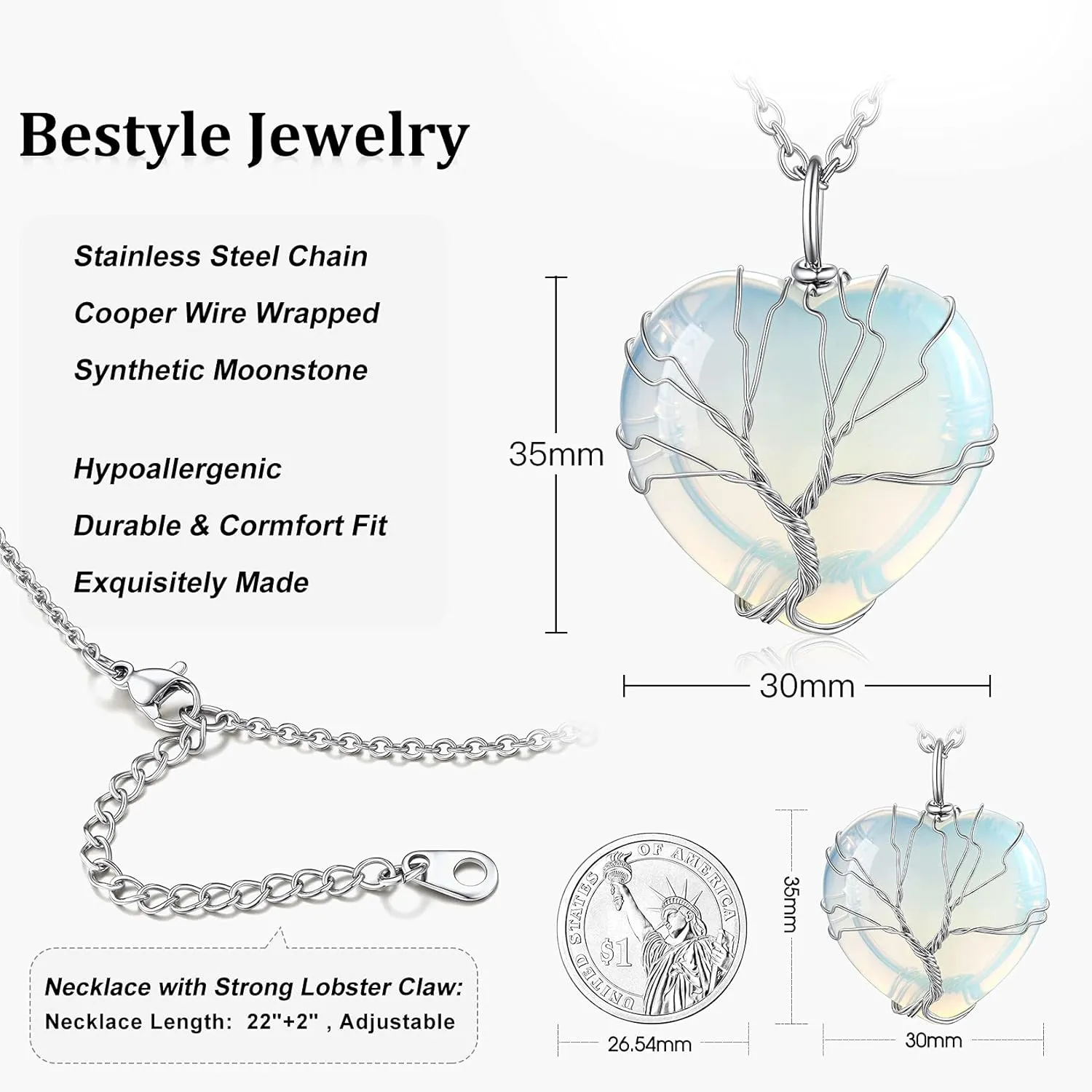 Bestyle Tree of Life Wrapped Healing Crystal Necklaces 12 Month Birthstone Pendant for Women, Crescent/Heart Gemstone Jewelry, Vintage Birthday Gifts/Energy Gift