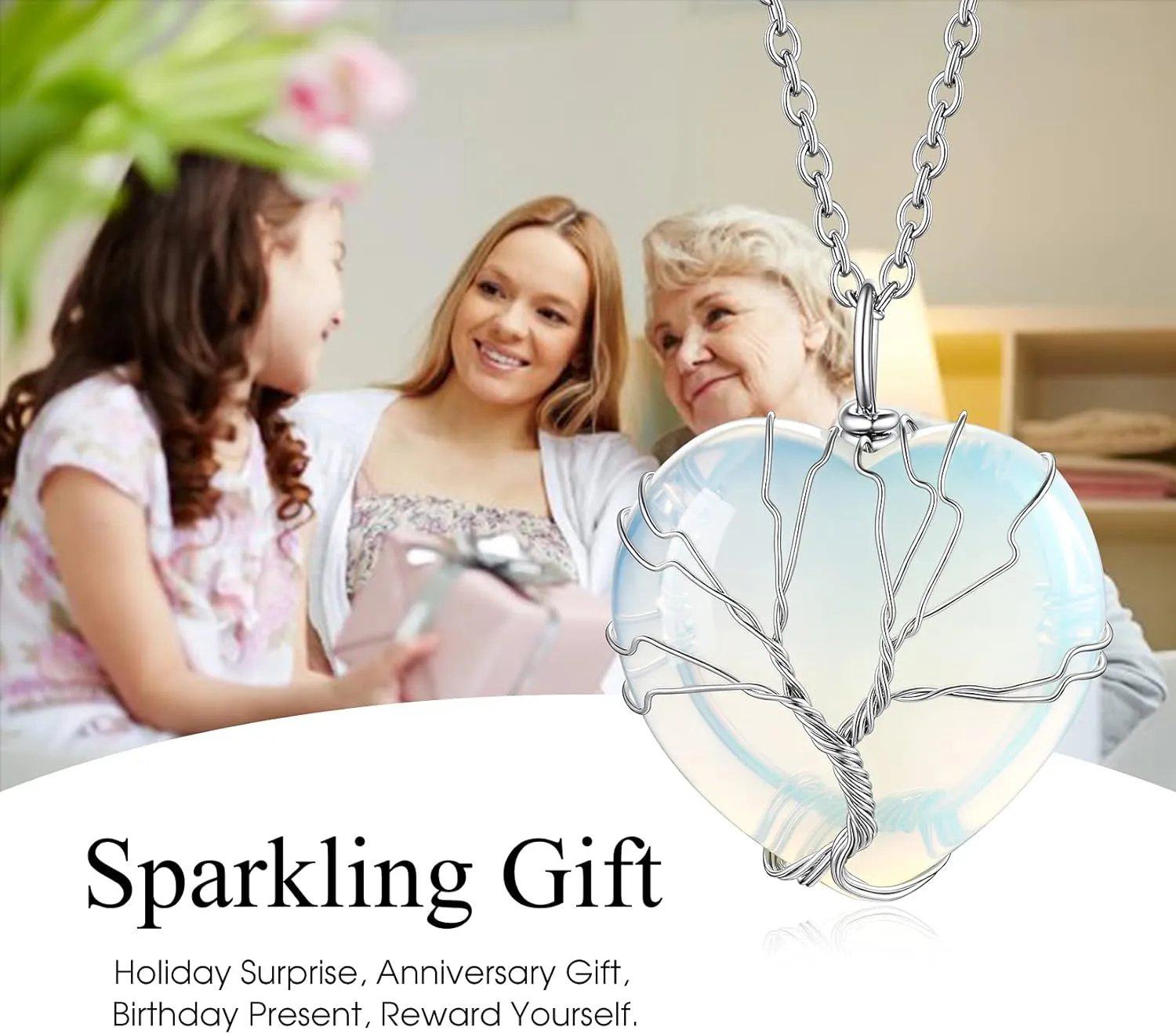 Bestyle Tree of Life Wrapped Healing Crystal Necklaces 12 Month Birthstone Pendant for Women, Crescent/Heart Gemstone Jewelry, Vintage Birthday Gifts/Energy Gift