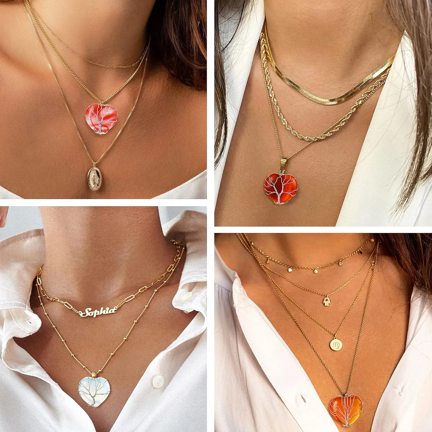 Bestyle Tree of Life Wrapped Healing Crystal Necklaces 12 Month Birthstone Pendant for Women, Crescent/Heart Gemstone Jewelry, Vintage Birthday Gifts/Energy Gift