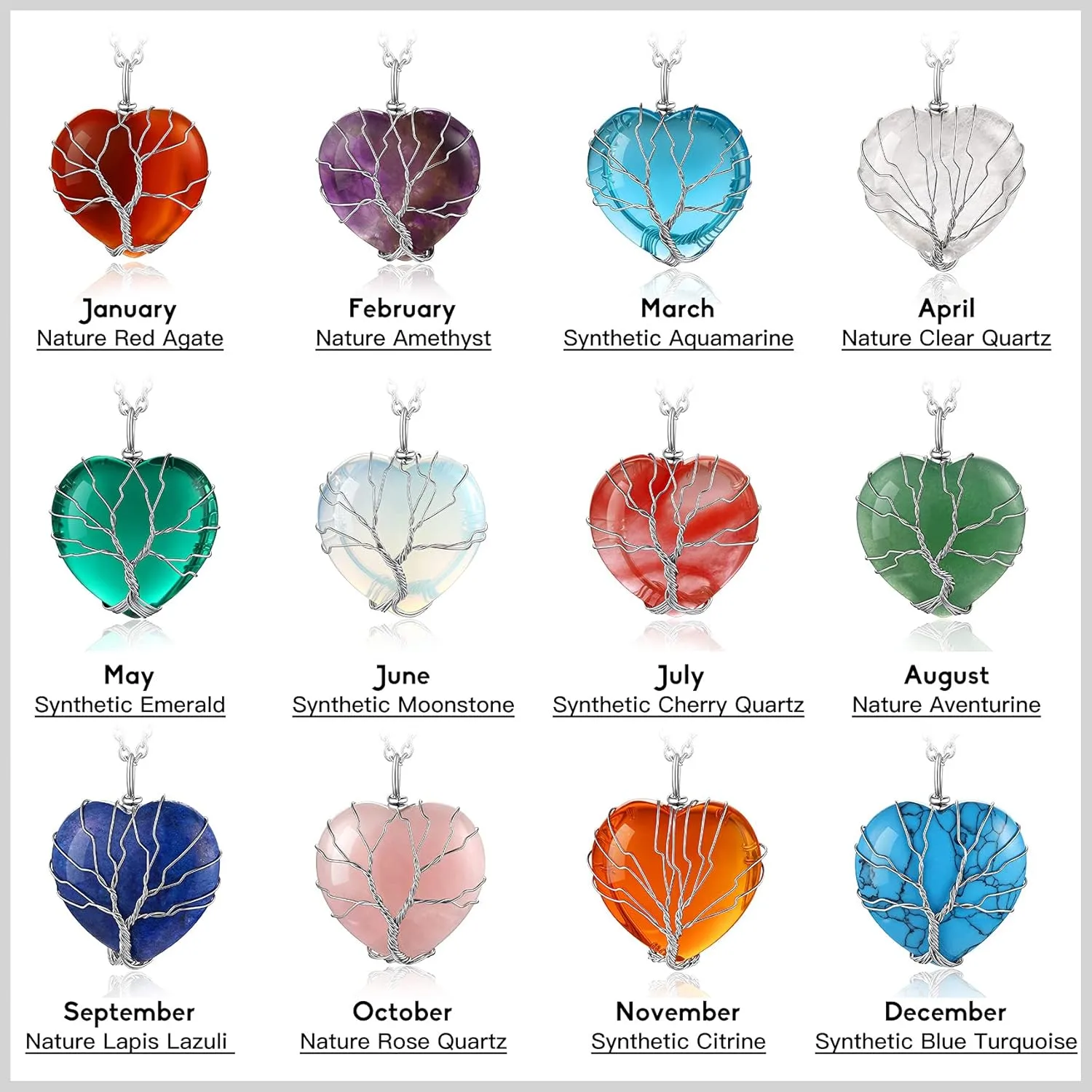 Bestyle Tree of Life Wrapped Healing Crystal Necklaces 12 Month Birthstone Pendant for Women, Crescent/Heart Gemstone Jewelry, Vintage Birthday Gifts/Energy Gift