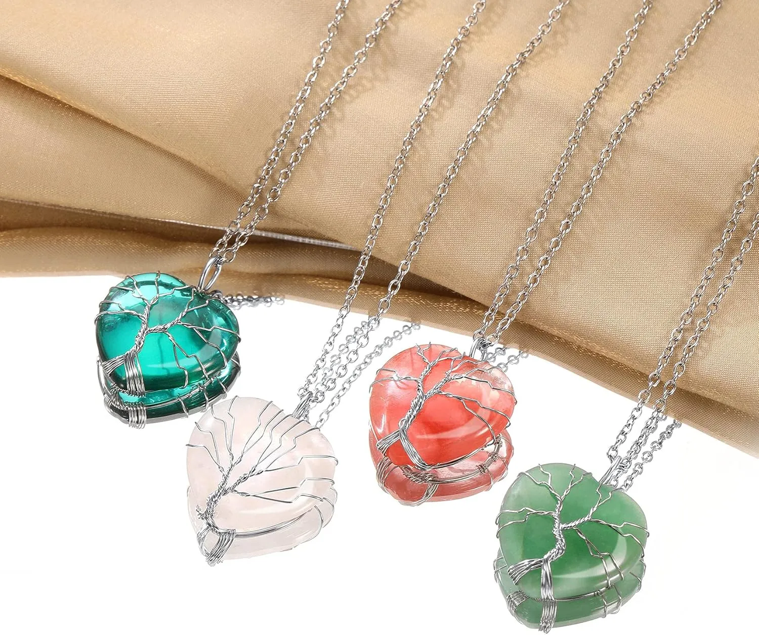 Bestyle Tree of Life Wrapped Healing Crystal Necklaces 12 Month Birthstone Pendant for Women, Crescent/Heart Gemstone Jewelry, Vintage Birthday Gifts/Energy Gift