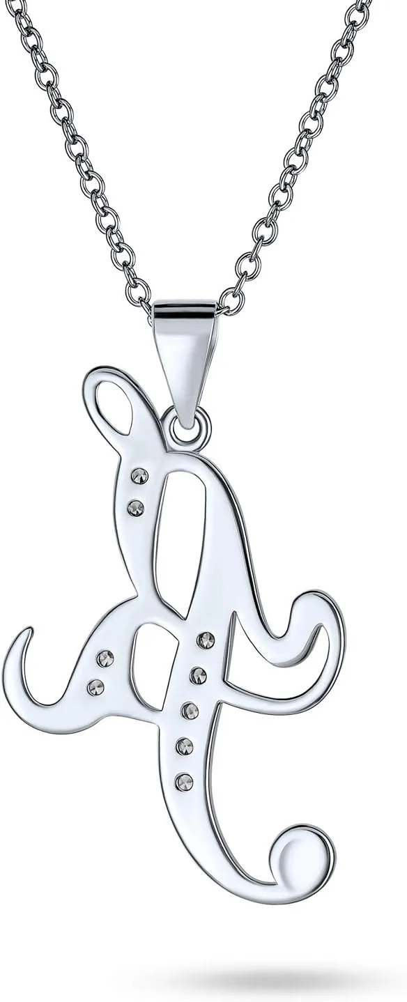 Bling Jewelry ABC Cubic Zirconia Pave CZ Cursive Script Letter Alphabet Initial Pendant Necklace For Teen Women .925 Sterling Silver