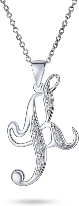 Bling Jewelry ABC Cubic Zirconia Pave CZ Cursive Script Letter Alphabet Initial Pendant Necklace For Teen Women .925 Sterling Silver