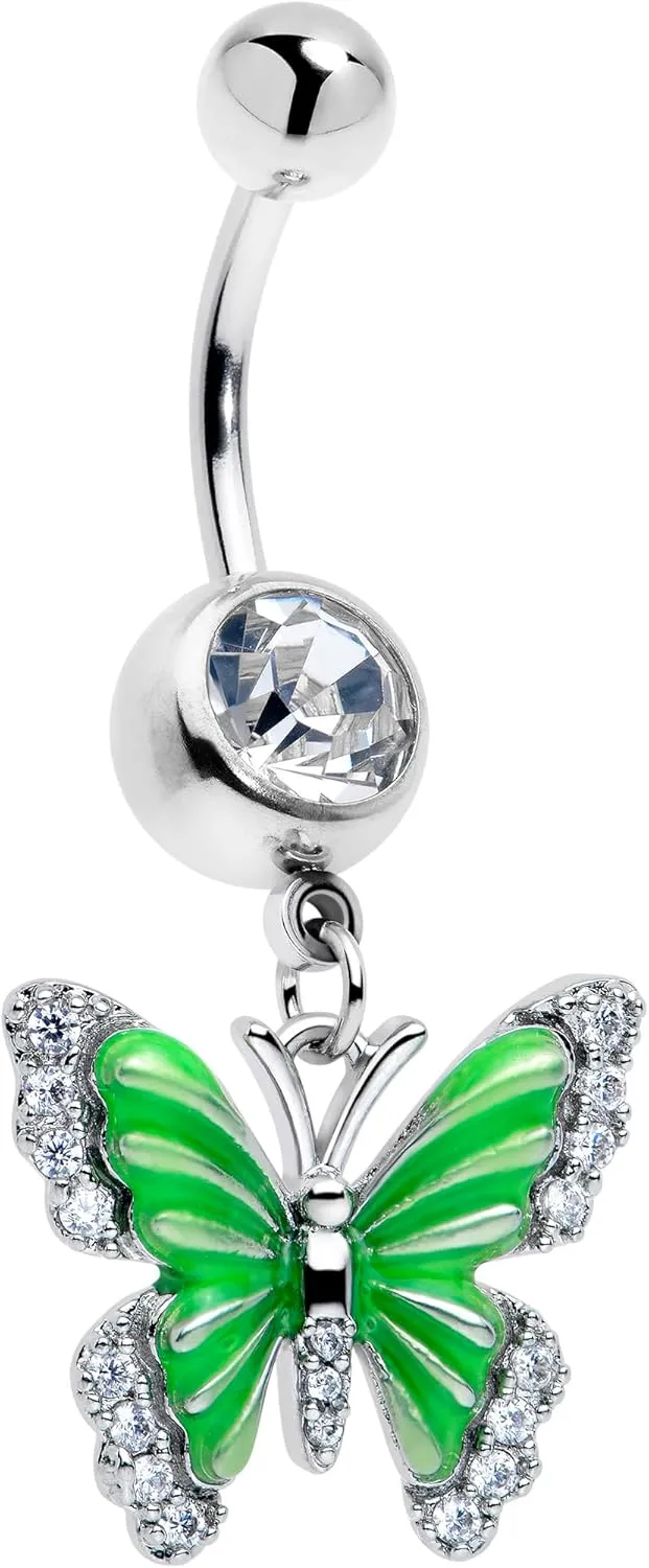 Body Candy Dangle Belly Ring - 316L Stainless Steel Navel Ring Piercing Butterfly Green Splash Belly Button Ring for Women Men