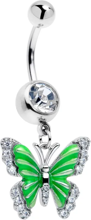 Body Candy Dangle Belly Ring - 316L Stainless Steel Navel Ring Piercing Butterfly Green Splash Belly Button Ring for Women Men