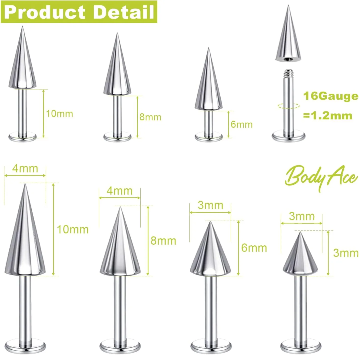 BodyAce 16G Spike Flact Back Earrings Cartilage Lip Rings, Stainless Steel Daith Helix Tragus Studs, Rook Lobe Lip Piercing for Women Men