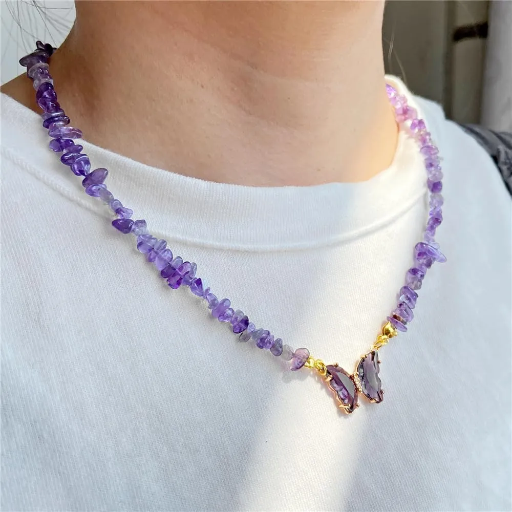Bohemian Crystal Butterfly Necklaces Natural Stone Butterfly Pendant Necklace Mantra Yoga Chakra Anxiety Stress Relief Crystal Chocker Necklace Summer Friendship Birthday Jewelry Gift
