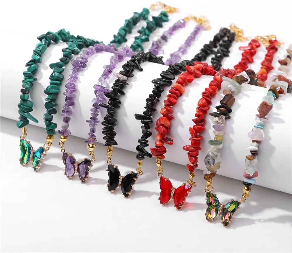 Bohemian Crystal Butterfly Necklaces Natural Stone Butterfly Pendant Necklace Mantra Yoga Chakra Anxiety Stress Relief Crystal Chocker Necklace Summer Friendship Birthday Jewelry Gift