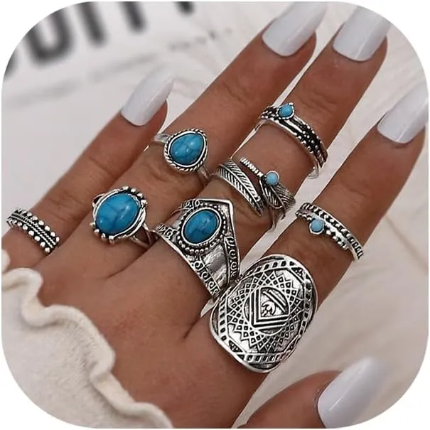 Bohemian Turquoise Ring for Women Western Rings Jewelry Stackable Knuckle Ring Set Vintage Rose Leaf Ring Set for Women