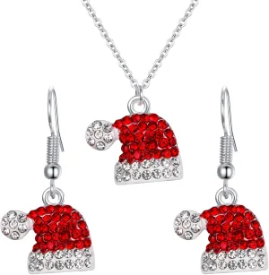 BriLove Christmas Hat Jewelry Set Xmax Cap Pendant Necklace Crystal Hook Dangle Earrings Costume Present for Women