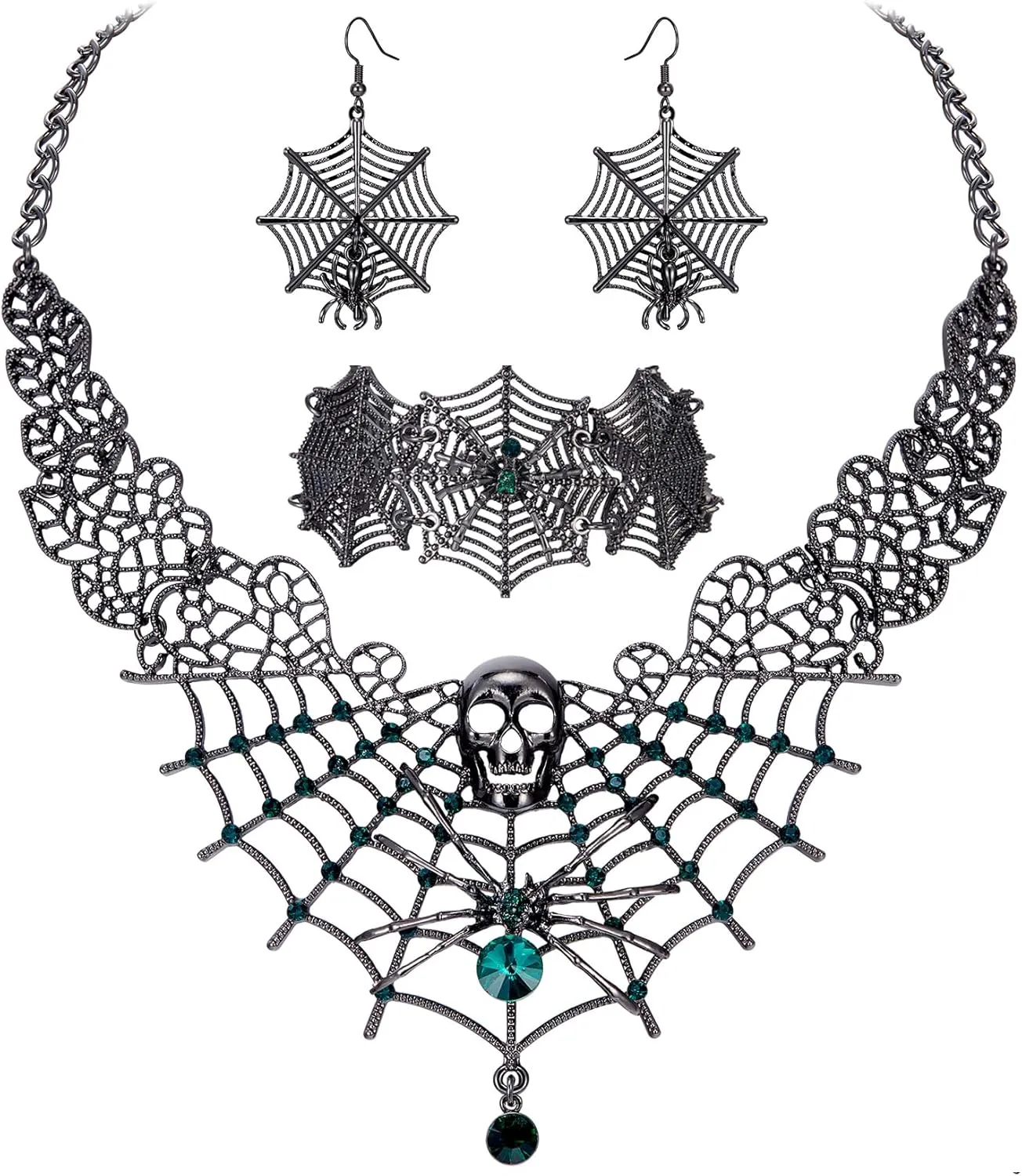 BriLove Halloween Costume Spider Cobwebs Crystal Necklace Earrings Set Gothic Skull Pendant Collar Jewelry for Women Cosplay Party Prom