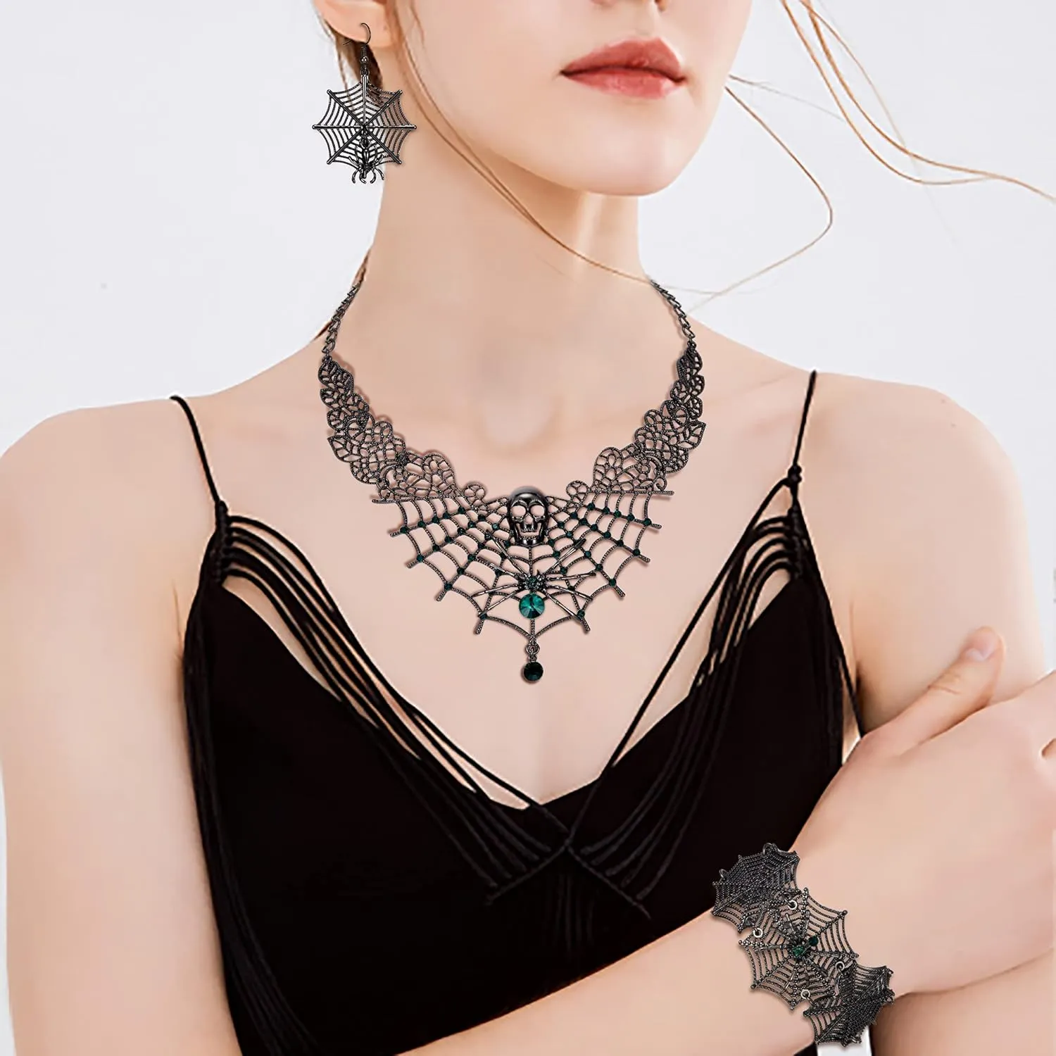 BriLove Halloween Costume Spider Cobwebs Crystal Necklace Earrings Set Gothic Skull Pendant Collar Jewelry for Women Cosplay Party Prom