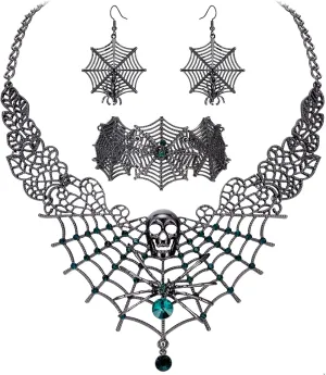 BriLove Halloween Costume Spider Cobwebs Crystal Necklace Earrings Set Gothic Skull Pendant Collar Jewelry for Women Cosplay Party Prom