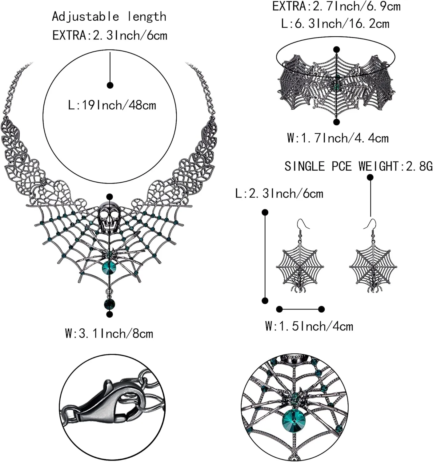 BriLove Halloween Costume Spider Cobwebs Crystal Necklace Earrings Set Gothic Skull Pendant Collar Jewelry for Women Cosplay Party Prom