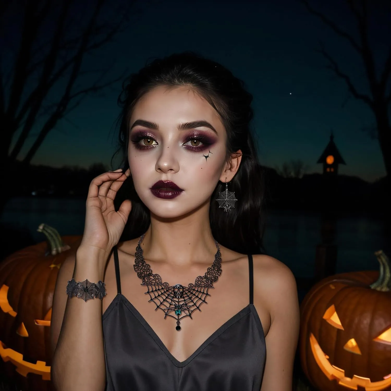 BriLove Halloween Costume Spider Cobwebs Crystal Necklace Earrings Set Gothic Skull Pendant Collar Jewelry for Women Cosplay Party Prom