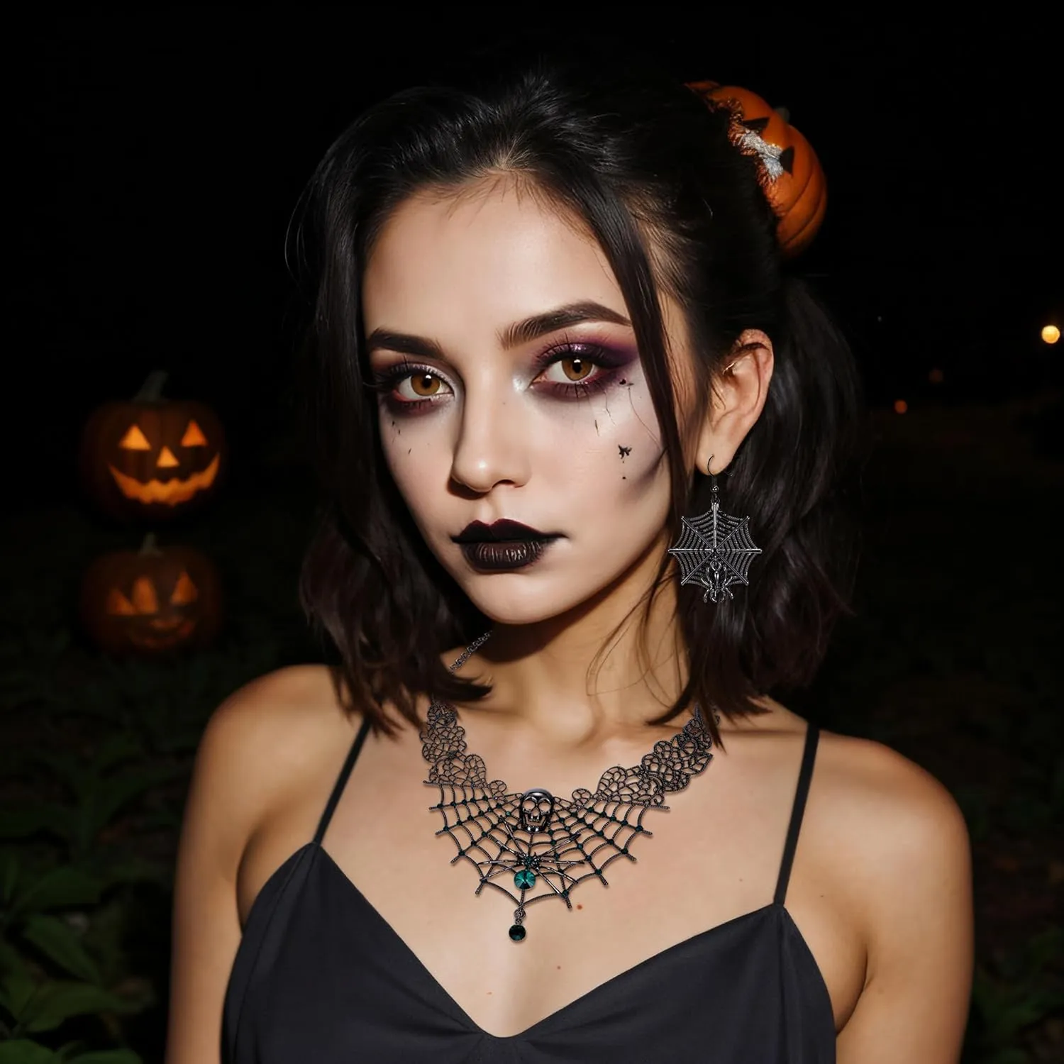 BriLove Halloween Costume Spider Cobwebs Crystal Necklace Earrings Set Gothic Skull Pendant Collar Jewelry for Women Cosplay Party Prom