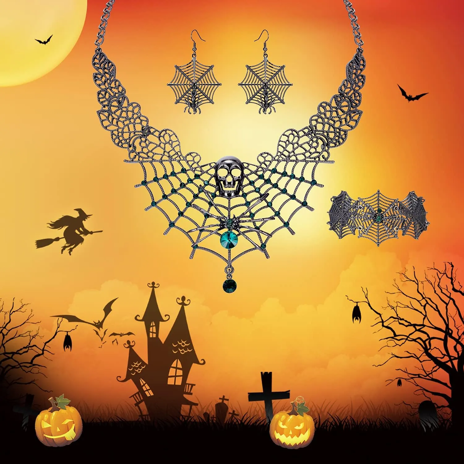 BriLove Halloween Costume Spider Cobwebs Crystal Necklace Earrings Set Gothic Skull Pendant Collar Jewelry for Women Cosplay Party Prom