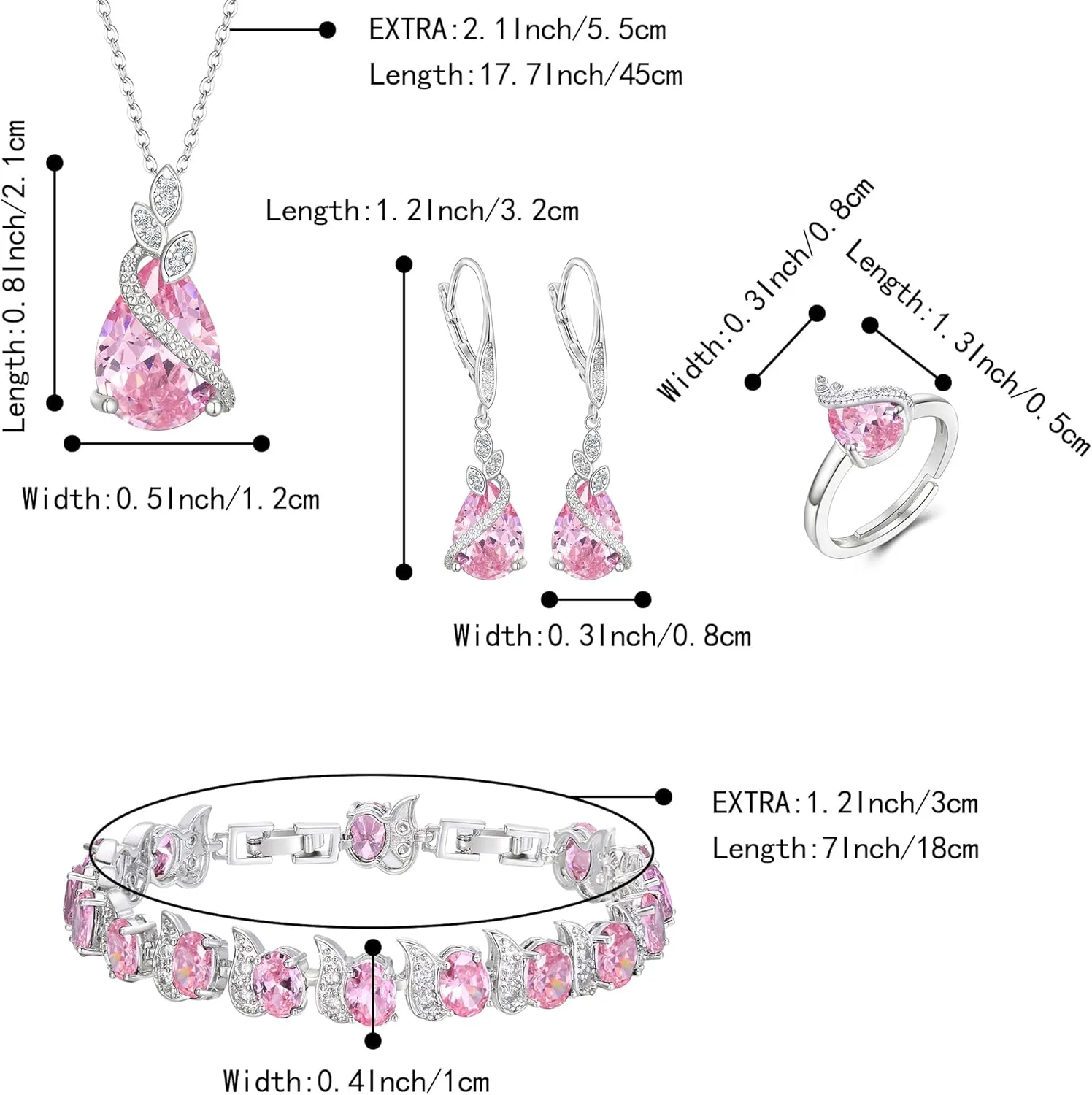 BriLove Jewelry Set for Bride, Sparkling Water Drop Cubic Zirconia Crystal Pendant Necklace Leverback Earrings Tennis Bracelet Adjustable Ring Gift for Wedding/Birthday/Mother's Day/Christmas