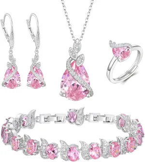 BriLove Jewelry Set for Bride, Sparkling Water Drop Cubic Zirconia Crystal Pendant Necklace Leverback Earrings Tennis Bracelet Adjustable Ring Gift for Wedding/Birthday/Mother's Day/Christmas