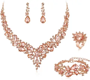 BriLove Wedding Bridal Jewelery for Women Austrian Crystal Teardrop Cluster Statement Necklace Dangle Earrings Link Bracelet Set